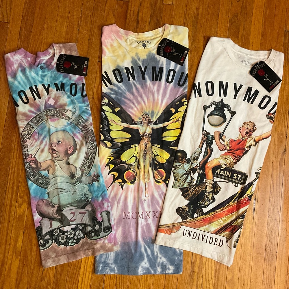 Lot of 3 ANONYMOUS REVOLUTION Skater Tees T-shirts Tye Dye Streetwear NWT S & XL